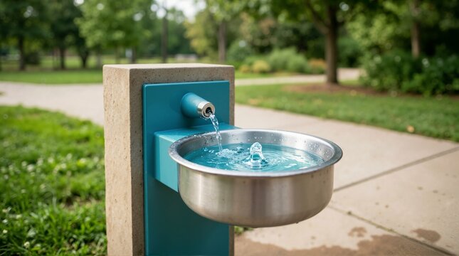 Teal metal dog water fountain with stainless steel bowl in a park. Fresh water flowing into a pet drinking station outdoors