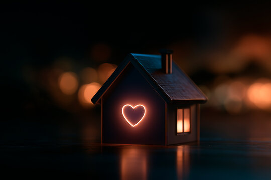 Minimalist single line art house icon with a glowing heart on black background