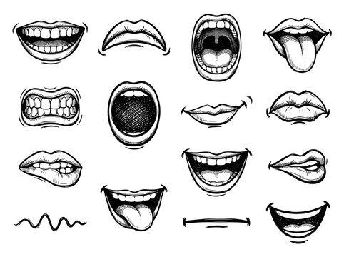 Cartoon mouth expression set, hand drawn comic mouth caricature icons, vector black ink sketch