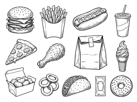 Fast food collection, hand drawn black and white doodle sketch, isolated burger pizza snack icons.