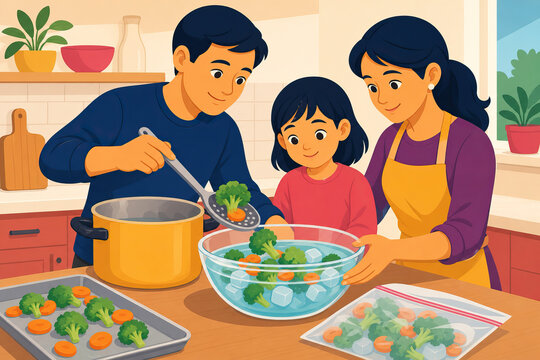 Family blanching vegetables in a kitchen for freezing, preparing healthy food and teaching cooking skills