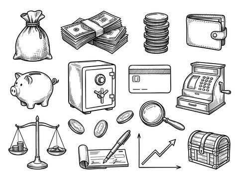 Money finance and currency doodle icon set, hand drawn black ink sketch elements