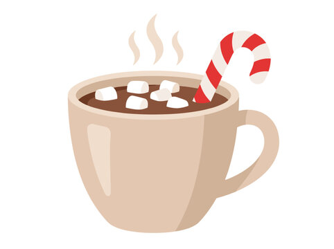 Mug of hot chocolate with marshmallows and candy cane vector illustration isolated on white background