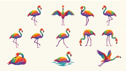 Fototapeta premium Geometric Flamingo Icons in Rainbow Colors, Low Poly Style, Various Poses Including Standing, Walking, Flying, and Swimming, Vector Illustration