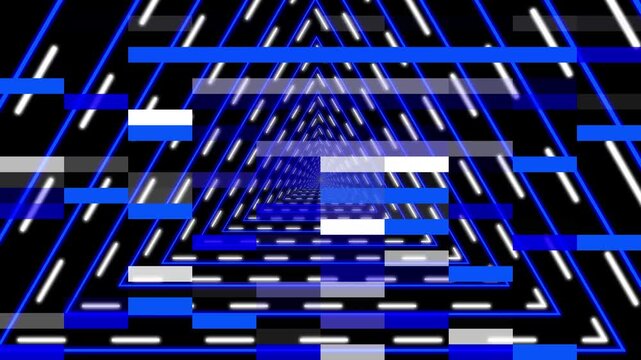 Abstract blue neon triangle tunnel glitch digital distortion data streaming loop motion
