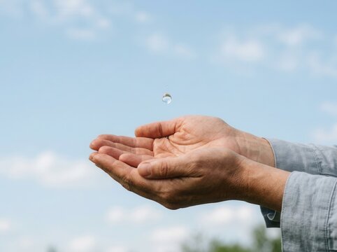 Human hands cupped to catch a falling water droplet.