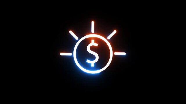Neon dollar coin icon pulsating with bright orange and blue light on dark black background.