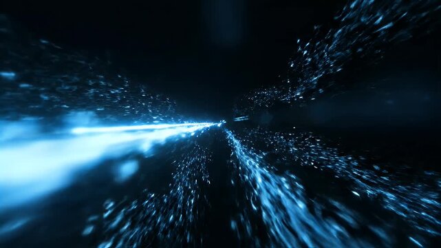 Abstract blue light streaks and particles zoom into dark void