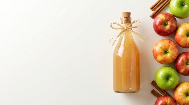 Apple cider vinegar bottle with fresh apples and cinnamon sticks