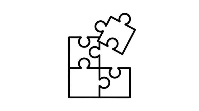 Black outline puzzle pieces icon showing a solution