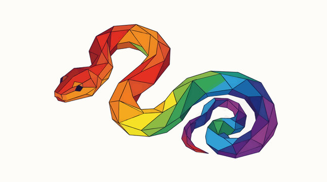 Low Poly Rainbow Snake Illustration, Geometric Serpent with Vibrant Colors, Abstract Animal Design on White Background, Vector Graphic