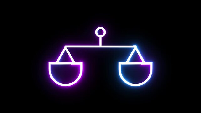 Neon glowing balance scale symbol animation loop on black background for digital business.