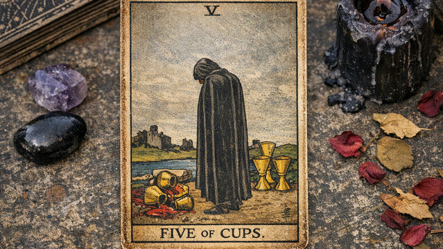 An antique-looking tarot card depicting the Five of Cups, set against a table with crystals and autumn leaves.