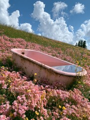 Obraz premium An antique, pink bathtub sits amidst a vibrant meadow of wild pink and yellow flowers under a sky with puffy clouds