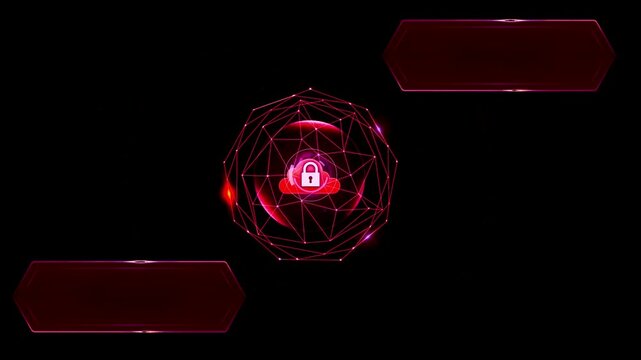 Futuristic red cloud security HUD Interface with encrypted data protection and digital technology background.