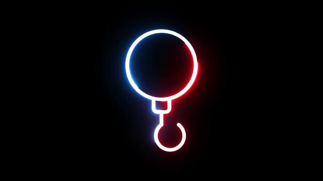 Neon crane hook icon glowing with dynamic red and blue light animation on black background.