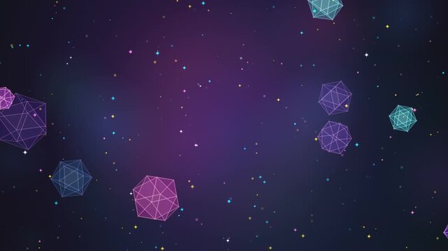 Abstract geometric shapes floating in a dark purple space background with colorful glowing stars