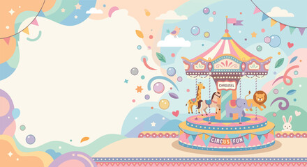 A charming pastel illustration of a merry-go-round with animals, surrounded by clouds, confetti, and flags in a joyful, dreamlike setting. © Regina