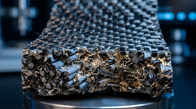 Macro cross section of carbon fiber reinforced composite weave with epoxy resin bonding and internal stress network