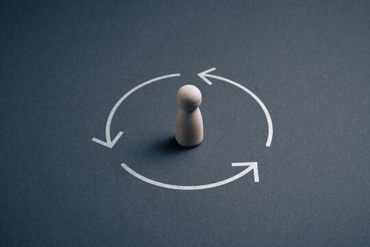 Continuous improvement cycle with person inside circular workflow loop concept