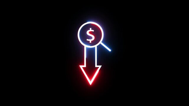 Neon dollar sign with down arrow animation representing financial market decline and loss.