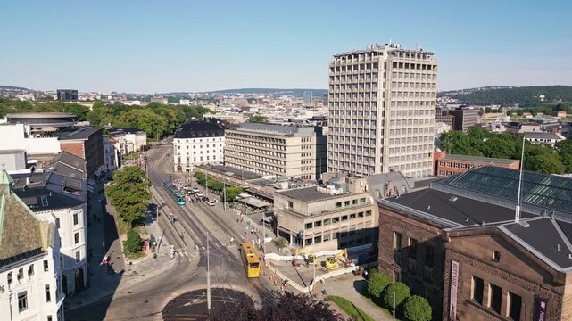 Aerial view of Solli plass with its surrounding urban architecture, with Gabler tower, tram lines, and city streets in Oslo, Oslo, Norway.