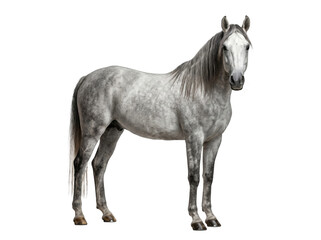 Naklejka premium A majestic gray horse stands gracefully against a white background, showcasing its sleek coat and strong stature. The horse's serene expression highlights its gentle nature.