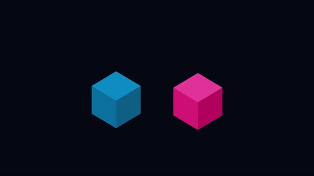 Minimalist blue and pink isometric cubes rotating on dark animation 4k background, motion