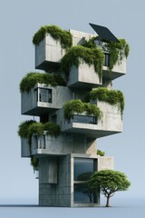 Obraz premium Abstract concrete tower with green foliage and trees, against a light sky