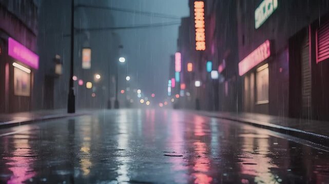 Rainy neon street reflections in calm motion fixed camera at dawn