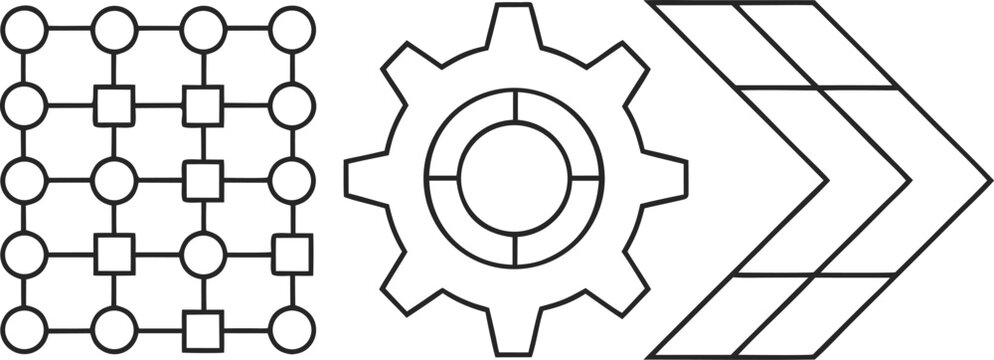 Business optimization process line icon set with data matrix grid cogwheel gear and chevron arrow