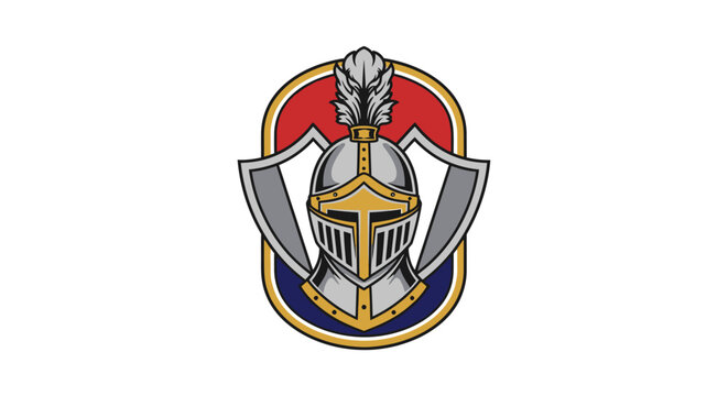 Medieval Knight Helmet Emblem with Shield and Feather Crest
