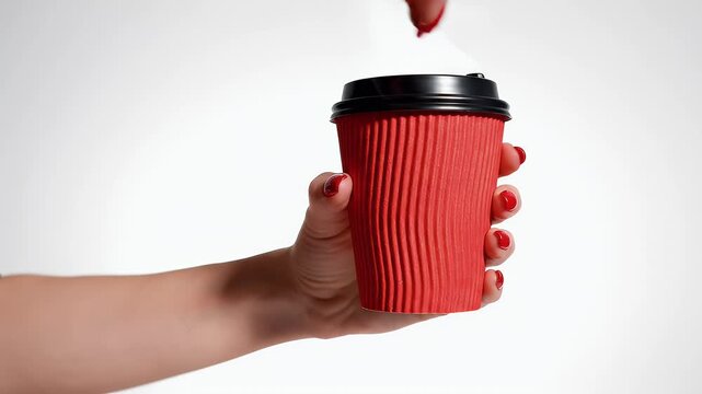 Hand holding a red ribbed disposable cup with a black lid