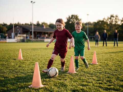 Kinder dribbeln beim Fu&szlig;balltraining durch H&uuml;tchen auf dem Rasen
