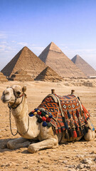Fototapeta premium A camel lying down with the Pyramids of Giza in the background during sunset.
