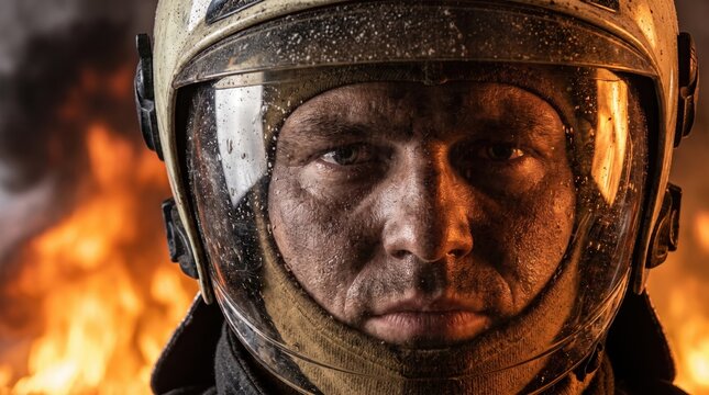 Dramatic close up portrait of a brave firefighter in full protective helmet and visor against blazing flames.