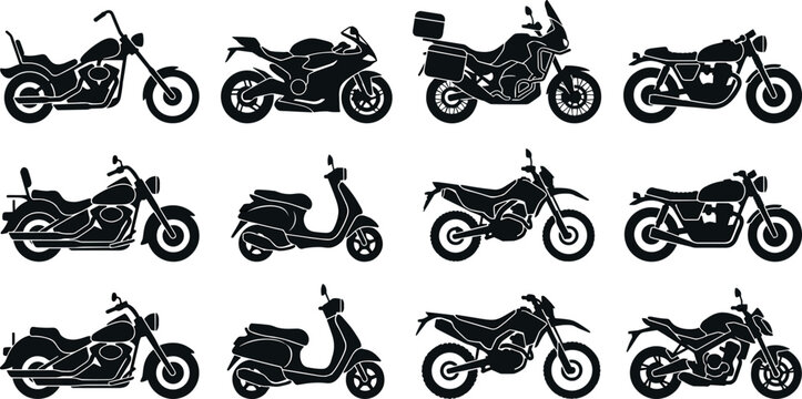 Motorcycle Silhouette Vector Set Featuring Chopper Sportbike Cruiser Scooter Dirt Bike and Adventure Tourer Motorbikes for Biker Club Graphic Designs