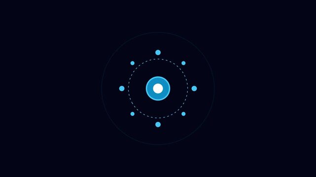 Minimalist blue digital loading circle animation with rotating orbiting dots for tech interface and ui 4k