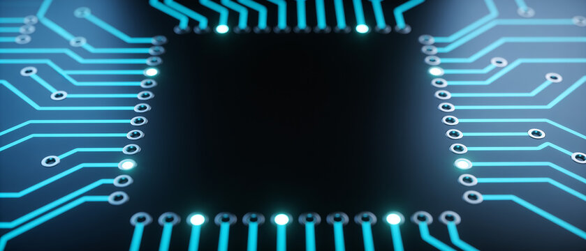 High tech microchip border template with glowing circuit connections for digital presentations