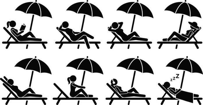Beach relaxation silhouette collection, vacation leisure vector illustrations, featuring sun loungers umbrellas отдыха resting people together