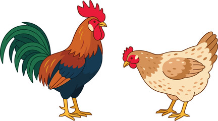 Farm Poultry Livestock Vector Clipart Set with Colorful Rooster and Brown Spotted Hen for Agriculture and Countryside Graphic Designs © Rownok