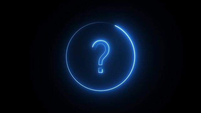 Neon question mark sign icon animation glowing blue color confusion mark quiz punctuation mark education exam sign sign symbol on black background.4k video.