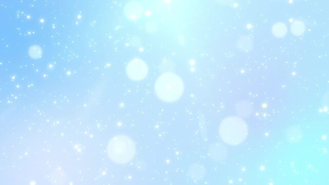 透明感のあるライトブルーの背景に大きめの玉ボケと光の粒子が漂うシームレスなループ動画素材 / Transparent light blue background with large glowing bokeh and sparkling particles seamless loop video