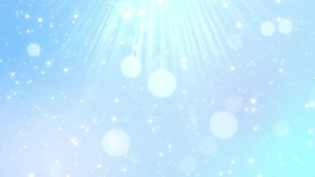 爽やかなライトブルーの背景に輝く光線と粒子が舞い降りるシームレスなループ動画素材 / Refreshing light blue background with glowing light rays and sparkling particles seamless loop video