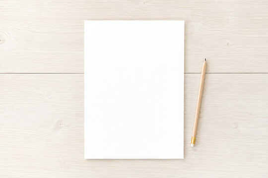 Skinny notepad mockup, vertical notebook for note paper, list, reminder, menu design presentation, minimal composition with pencil on white wooden background.