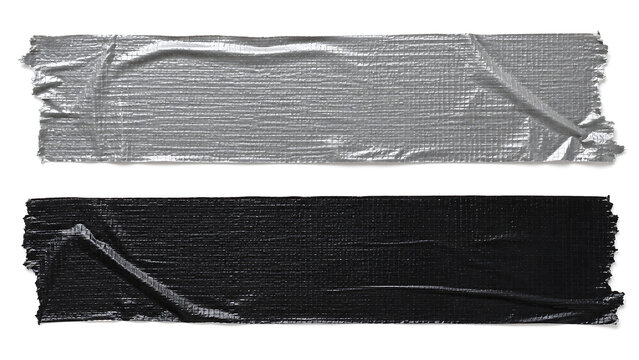 Industrial duct tape strips in silver and black, wrinkled adhesive tape textures, realistic gaffer tape pieces for design mockups and repairs isolated on White Background ai