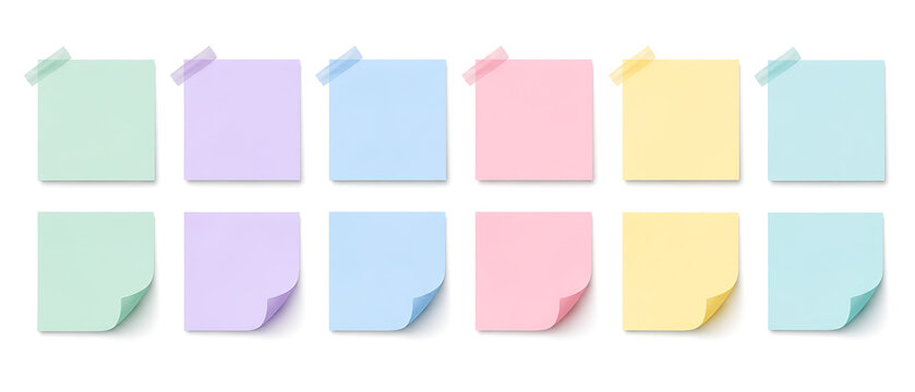 Pastel sticky notes collection, 12 colorful adhesive paper memos with tape and curled corners, blank office reminder stationery set isolated on White Background ai