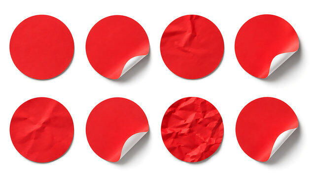 Red round adhesive stickers set, 8 circular paper labels with curled edges and crumpled textures, vibrant scarlet price tags for retail sales isolated on White Background ai
