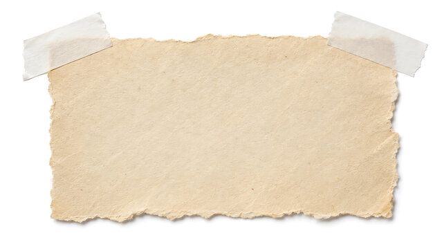 Vintage torn paper scrap with adhesive tape, antique beige parchment note, textured deckle edge paper for scrapbooking and message design isolated on White Background ai