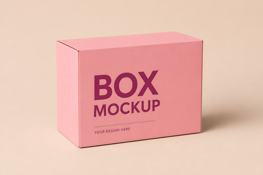 Pink cardboard box mockup for product packaging, minimalist paper shipping box, blank rectangular mailing container for branding display isolated on White Background ai
